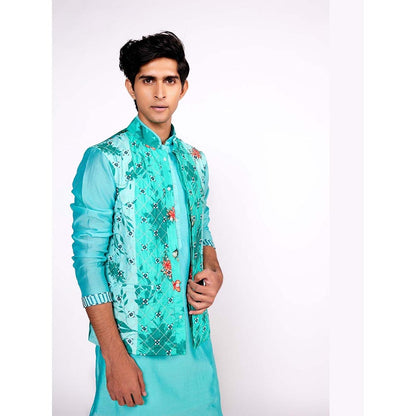 ISHA GUPTA TAYAL Aqua Green Embroidered Kurta and Pant with Nehru Jacket Set
