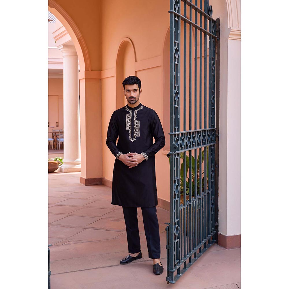 ISHA GUPTA TAYAL Black Dori and Hand Embroidered Silk Kurta and Pant Set