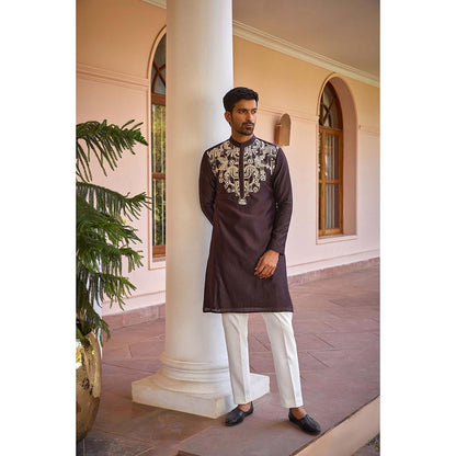 ISHA GUPTA TAYAL Brown Dori and Hand Embroidered Silk Kurta and Pant Set