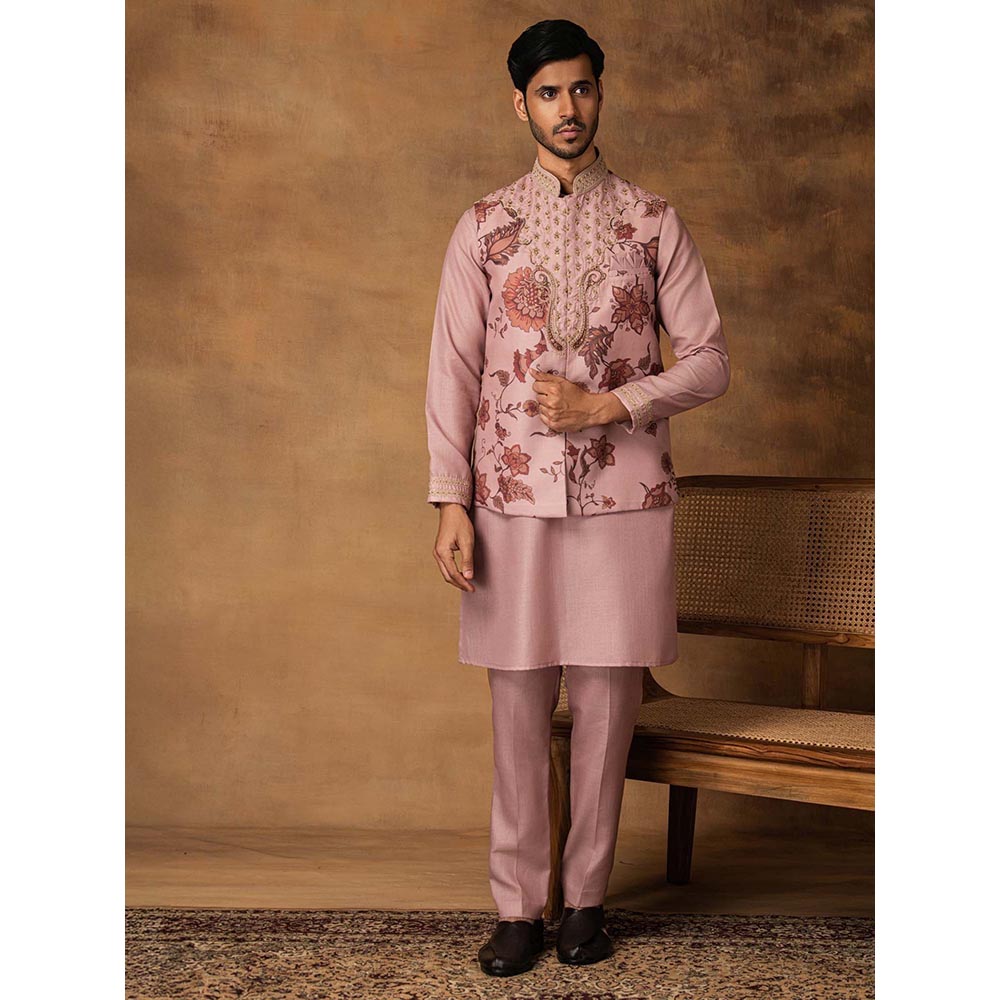 ISHA GUPTA TAYAL Pastel Pink Floral Printed Kurta and Pant with Nehru Jacket Set