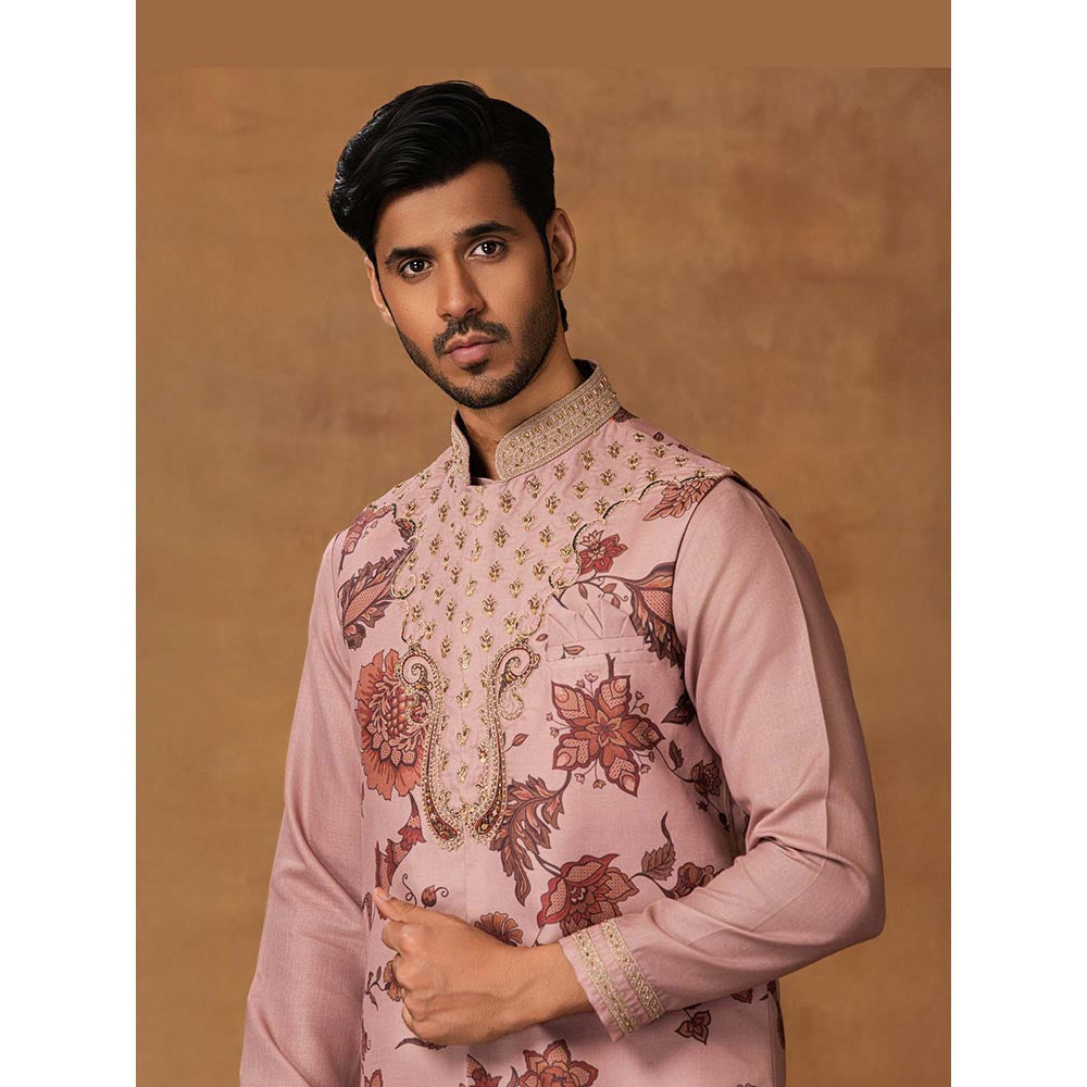ISHA GUPTA TAYAL Pastel Pink Floral Printed Kurta and Pant with Nehru Jacket Set