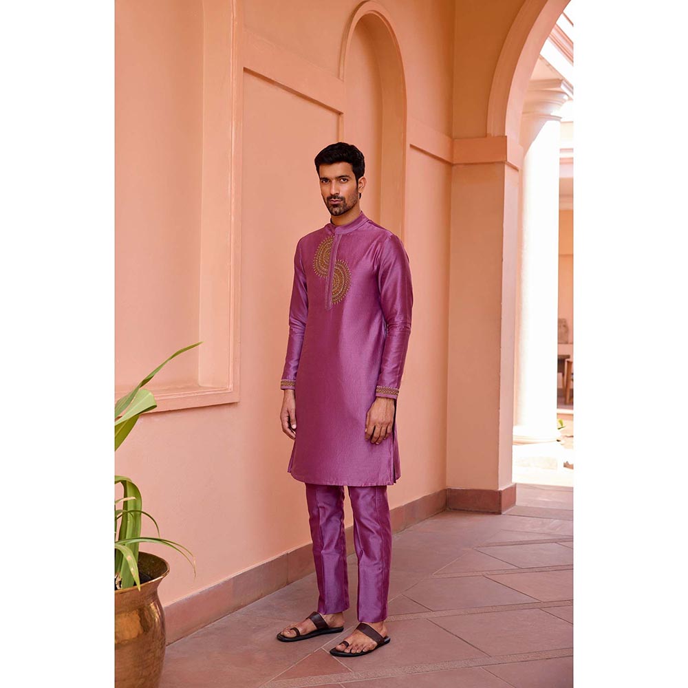 ISHA GUPTA TAYAL Plum Earthy Pink Dori and Hand Embroidered Silk Kurta and Pant Set