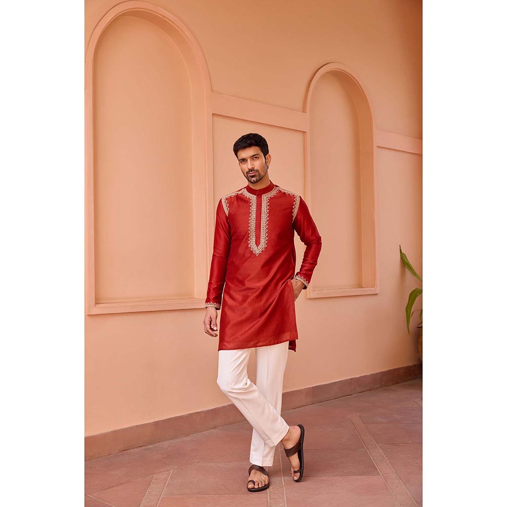 ISHA GUPTA TAYAL Red Dori and Hand Embroidered Silk Kurta and Pant Set