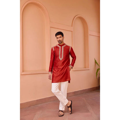 ISHA GUPTA TAYAL Red Dori and Hand Embroidered Silk Kurta and Pant Set