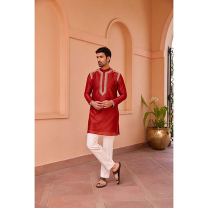 ISHA GUPTA TAYAL Red Dori and Hand Embroidered Silk Kurta and Pant Set