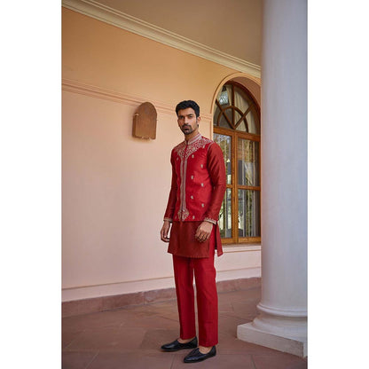 ISHA GUPTA TAYAL Red Hand Embroidered Bundi Jacket Set