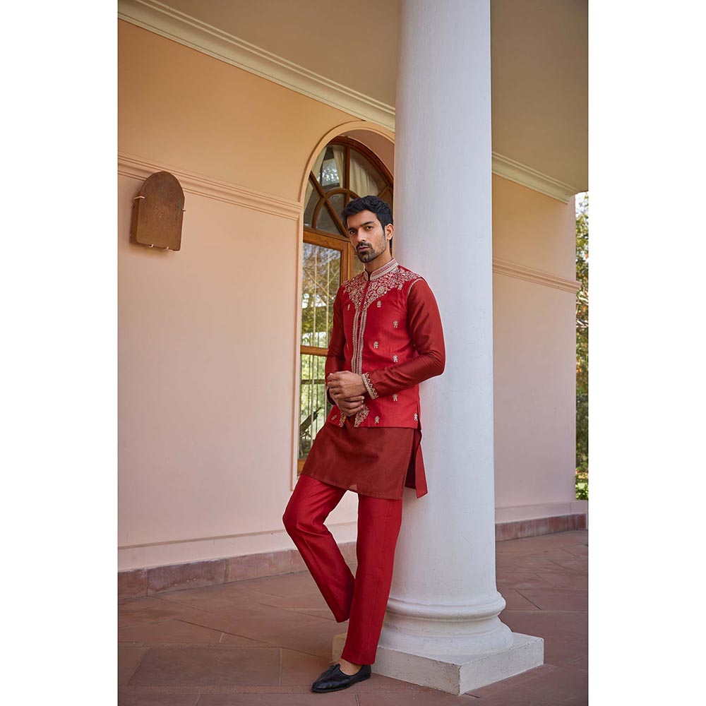 ISHA GUPTA TAYAL Red Hand Embroidered Bundi Jacket Set