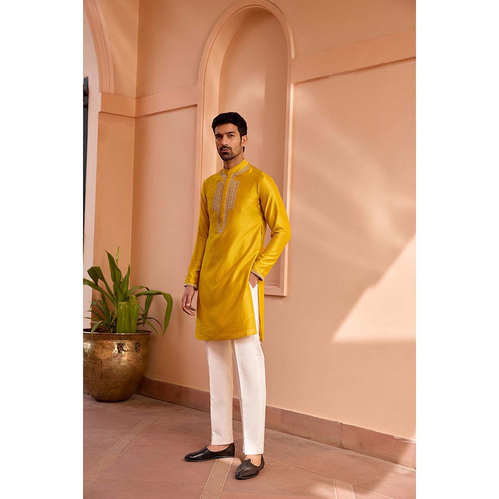 ISHA GUPTA TAYAL Yellow Dori and Hand Embroidered Silk Kurta and Pant Set