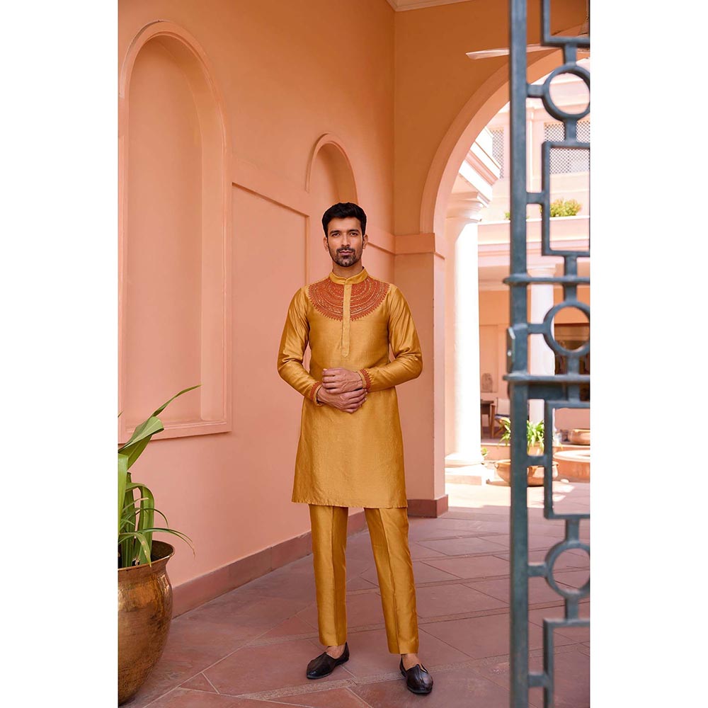 ISHA GUPTA TAYAL Gold Mustard Dori and Hand Embroidered Silk Kurta Set