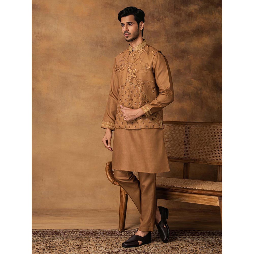 ISHA GUPTA TAYAL Golden Floral Printed Kurta and Pant with Nehru Jacket Set