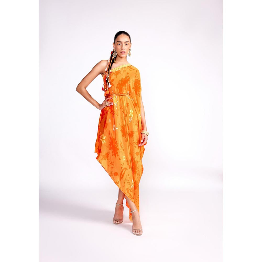 ISHA GUPTA TAYAL Orange One Shoulder Embroidered Dress