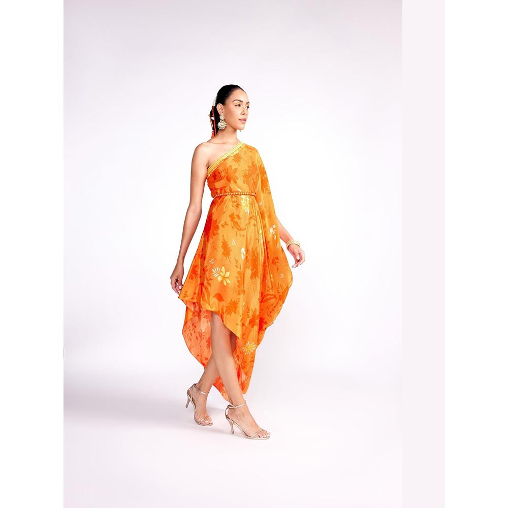 ISHA GUPTA TAYAL Orange One Shoulder Embroidered Dress