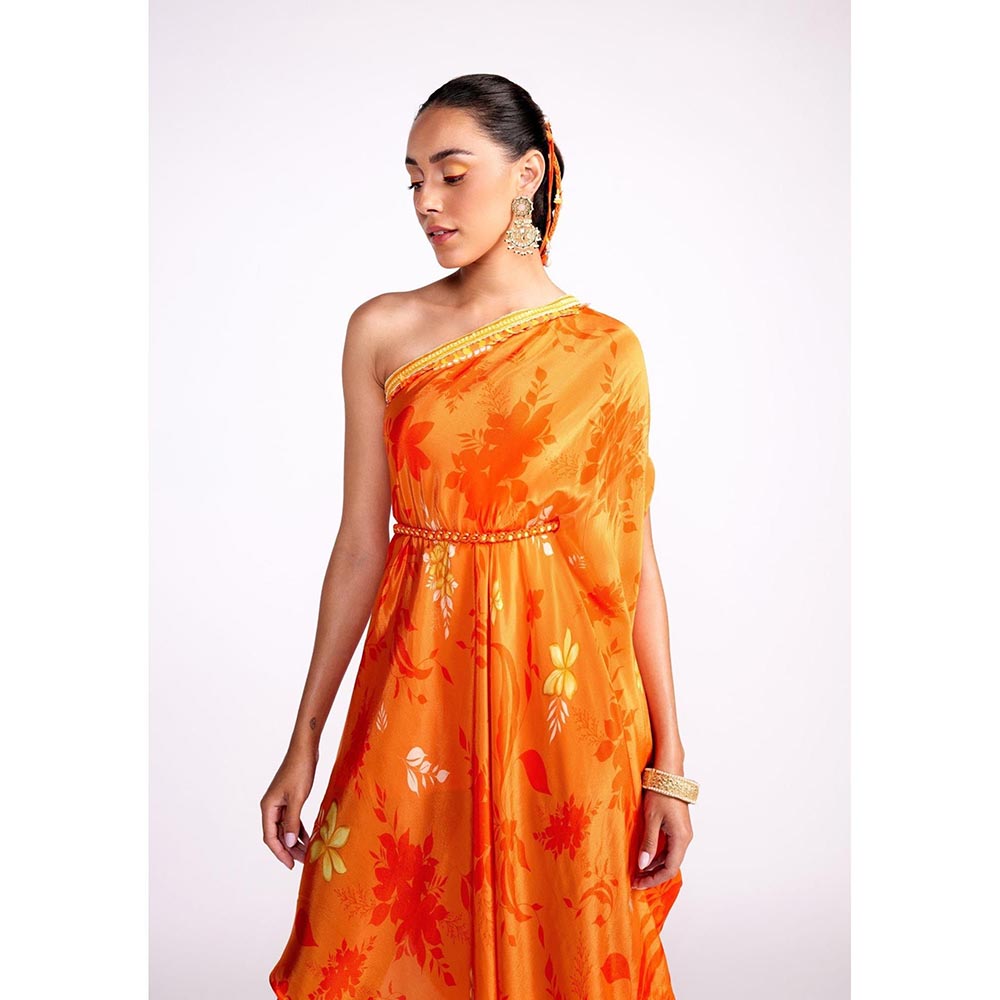 ISHA GUPTA TAYAL Orange One Shoulder Embroidered Dress
