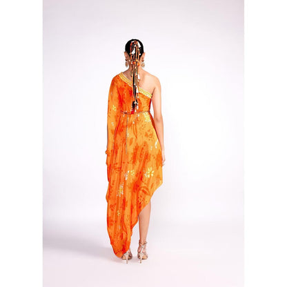 ISHA GUPTA TAYAL Orange One Shoulder Embroidered Dress