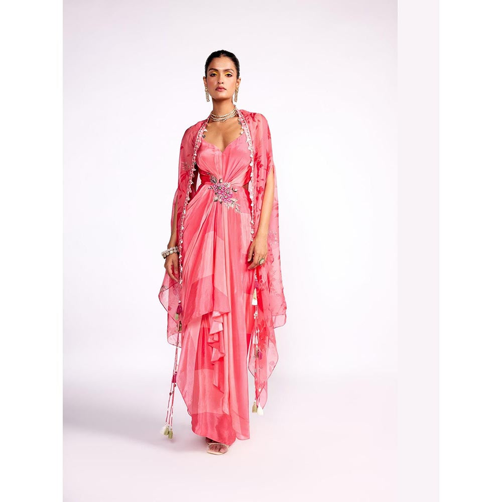 ISHA GUPTA TAYAL Pink Watermelon Drape Dress with Cape Set