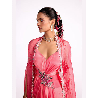 ISHA GUPTA TAYAL Pink Watermelon Drape Dress with Cape Set