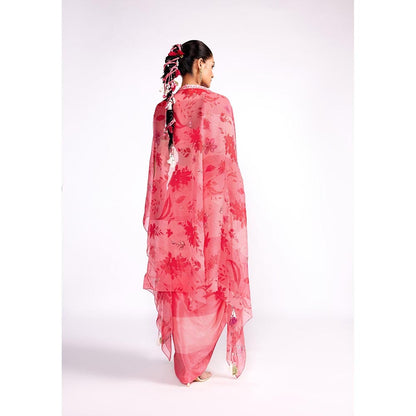 ISHA GUPTA TAYAL Pink Watermelon Drape Dress with Cape Set