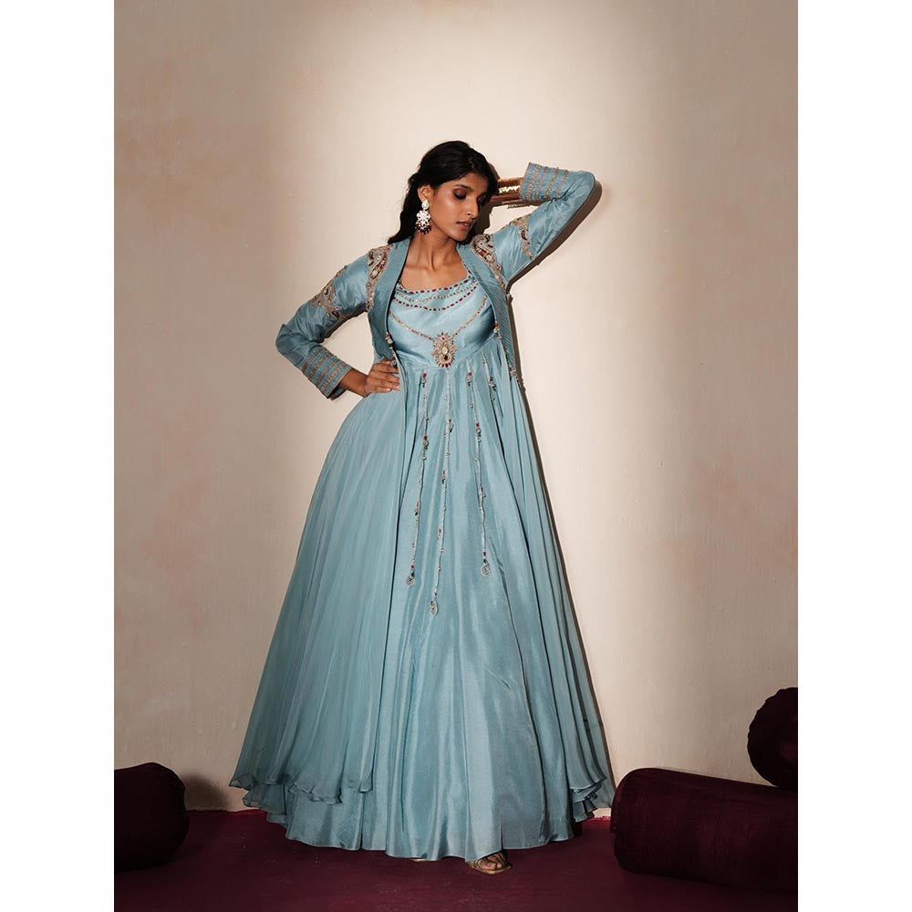 ISHA GUPTA TAYAL Blue Kanchan Anarakli and Jacket Set
