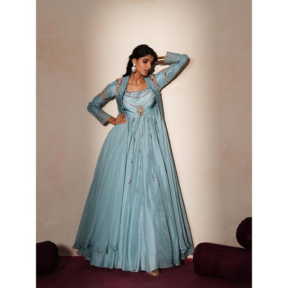 ISHA GUPTA TAYAL Blue Kanchan Anarakli and Jacket Set