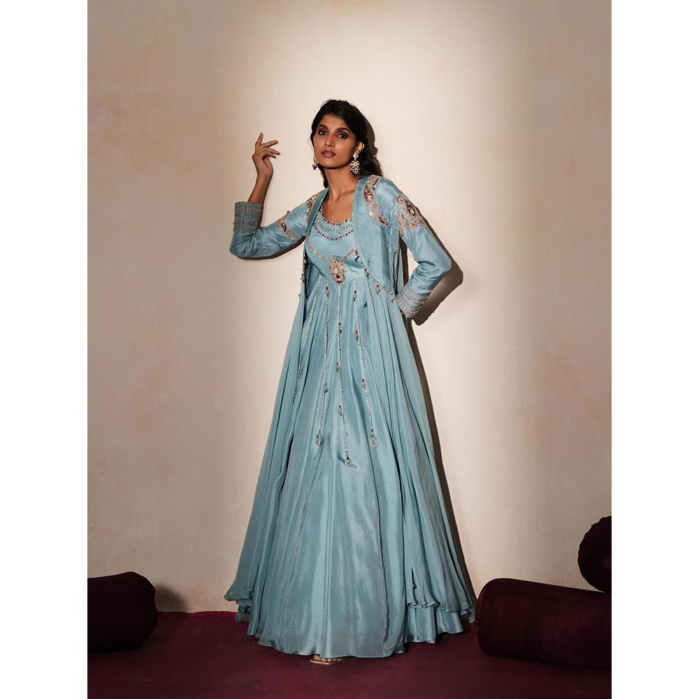 ISHA GUPTA TAYAL Blue Kanchan Anarakli and Jacket Set