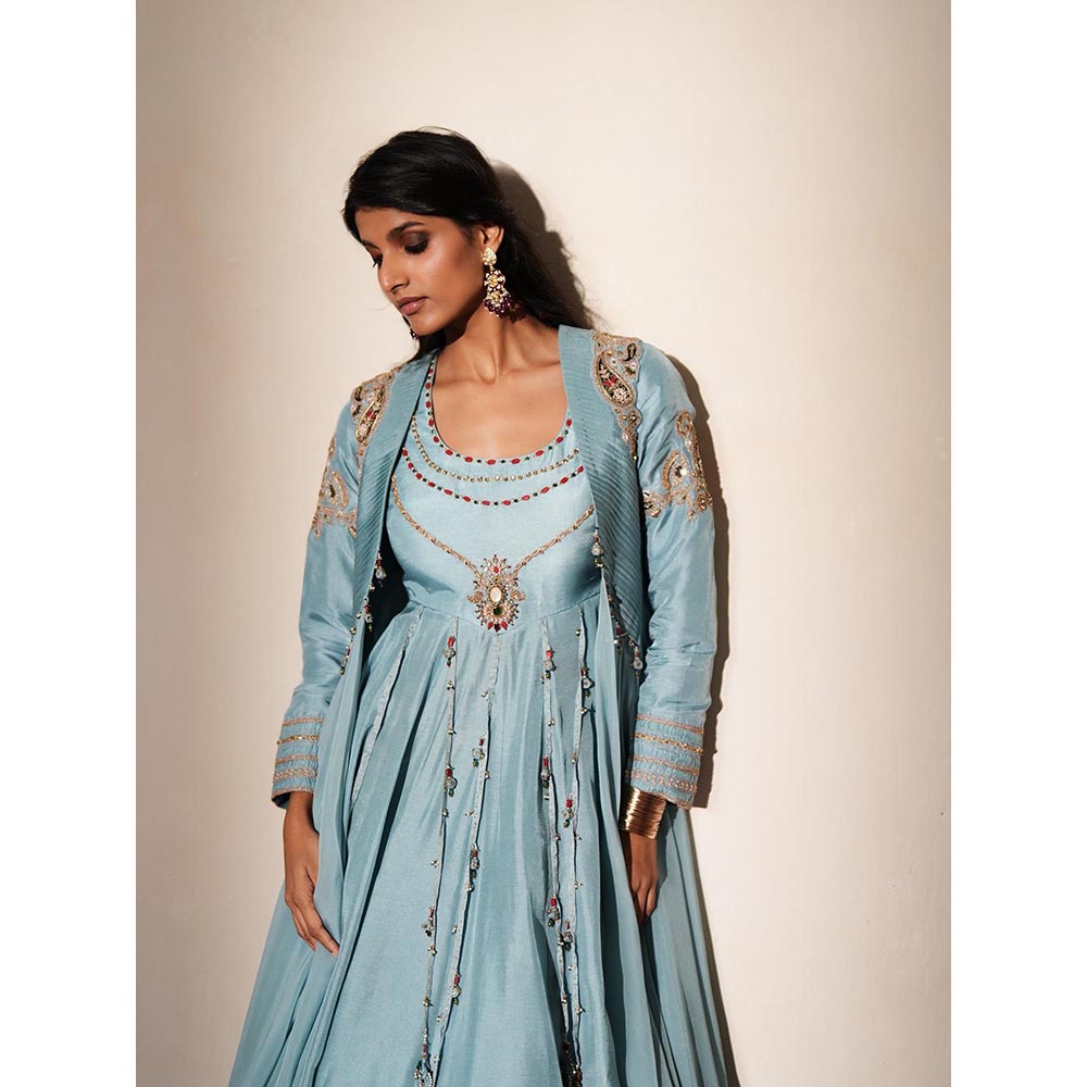 ISHA GUPTA TAYAL Blue Kanchan Anarakli and Jacket Set