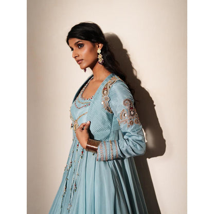 ISHA GUPTA TAYAL Blue Kanchan Anarakli and Jacket Set