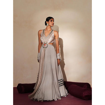 ISHA GUPTA TAYAL Grey Muktika Anarkali and Dupatta Set