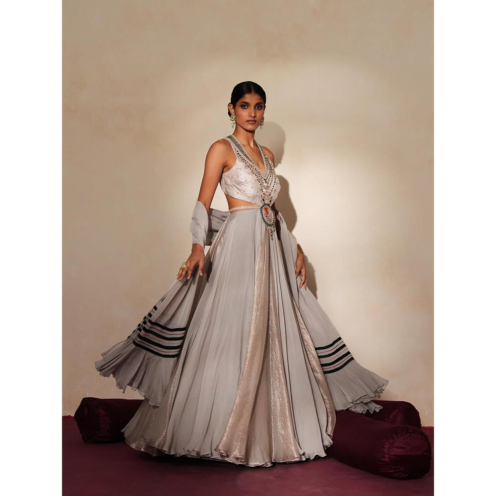 ISHA GUPTA TAYAL Grey Muktika Anarkali and Dupatta Set