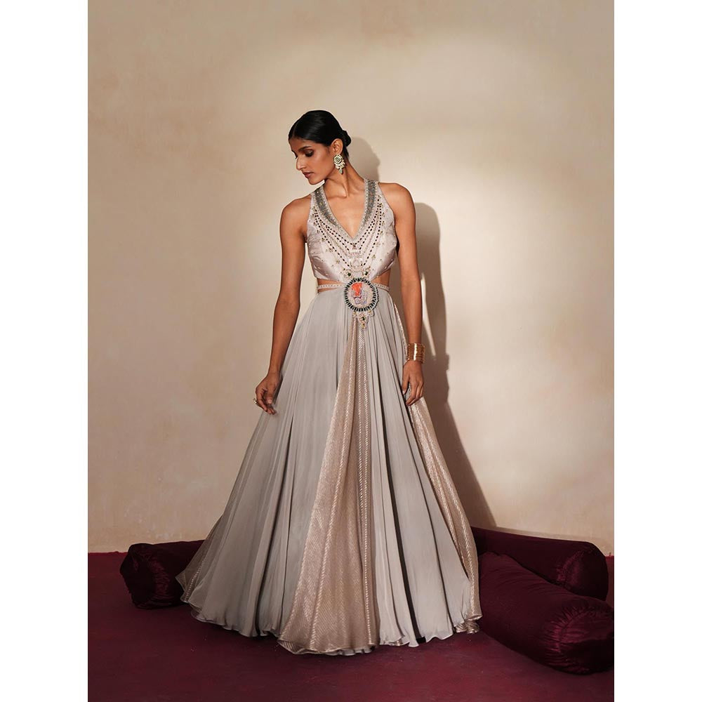 ISHA GUPTA TAYAL Grey Muktika Anarkali and Dupatta Set