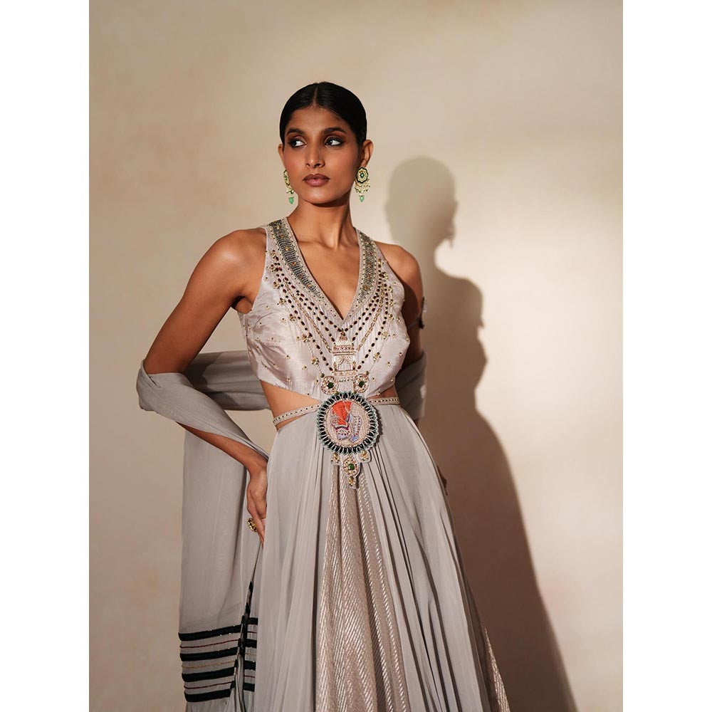 ISHA GUPTA TAYAL Grey Muktika Anarkali and Dupatta Set