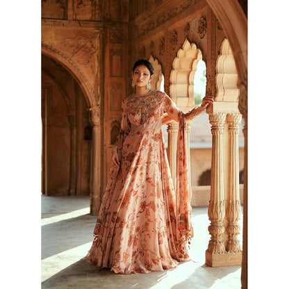 ISHA GUPTA TAYAL Peach Saaz Anarkali Gown and Dupatta with Belt