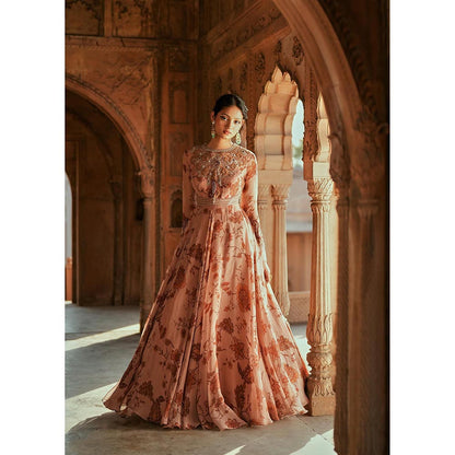 ISHA GUPTA TAYAL Peach Saaz Anarkali Gown and Dupatta with Belt