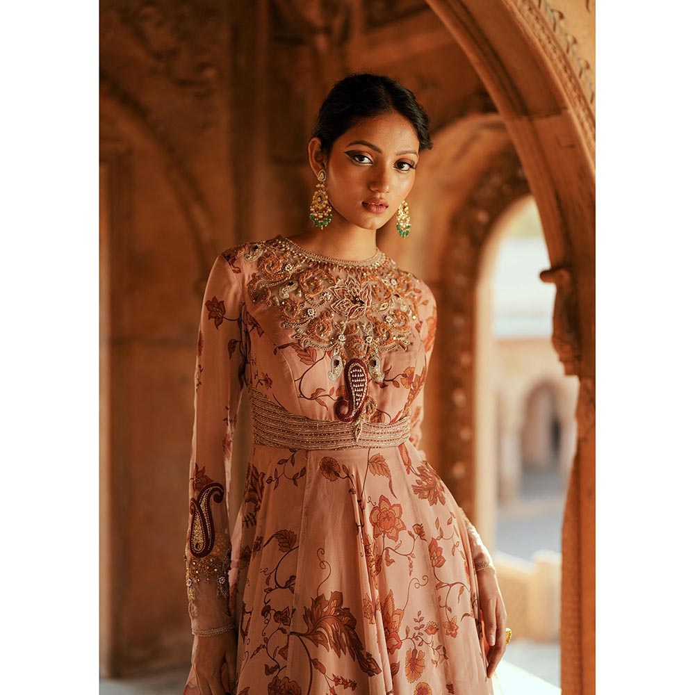 ISHA GUPTA TAYAL Peach Saaz Anarkali Gown and Dupatta with Belt
