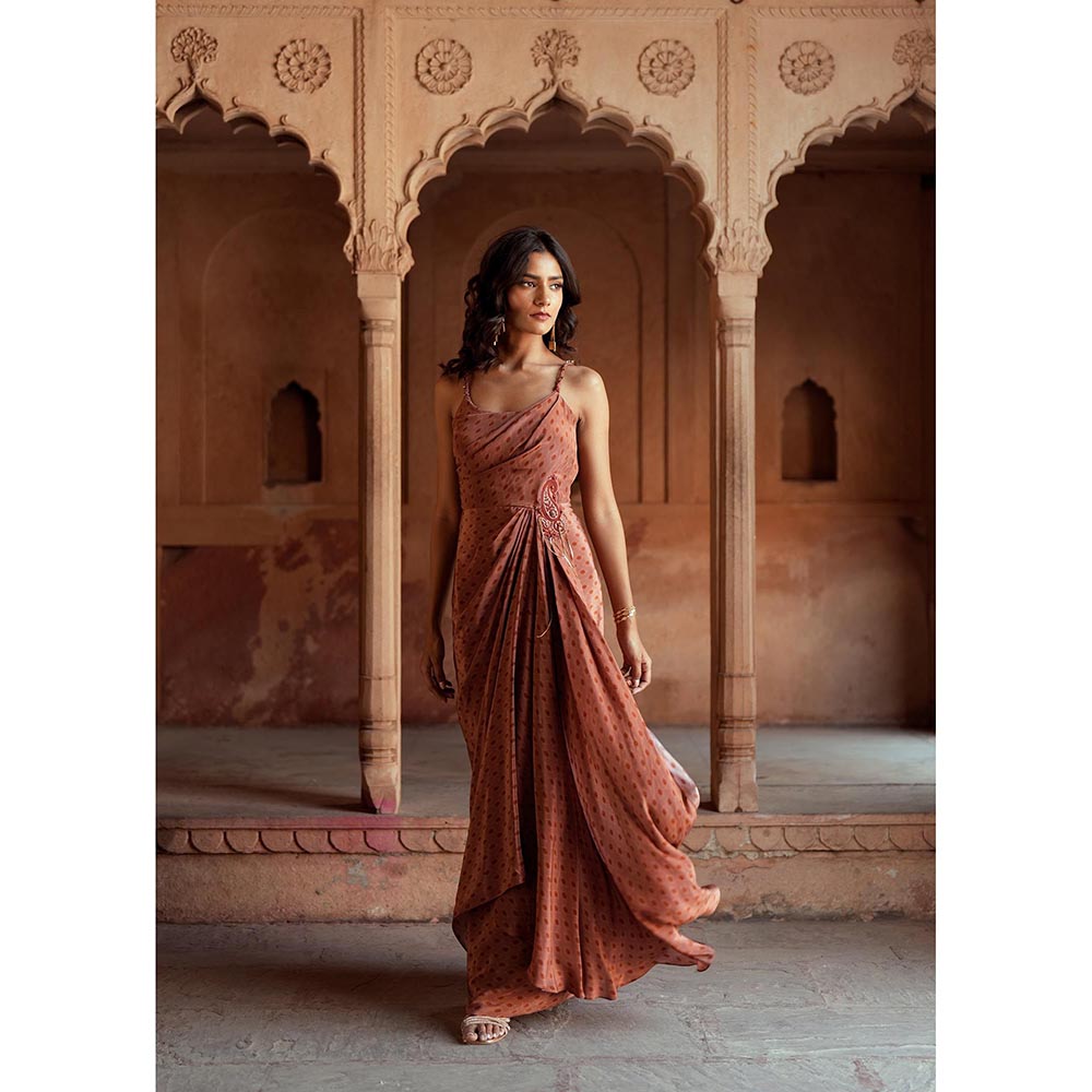 ISHA GUPTA TAYAL Brown Mira Floral Drape Dress