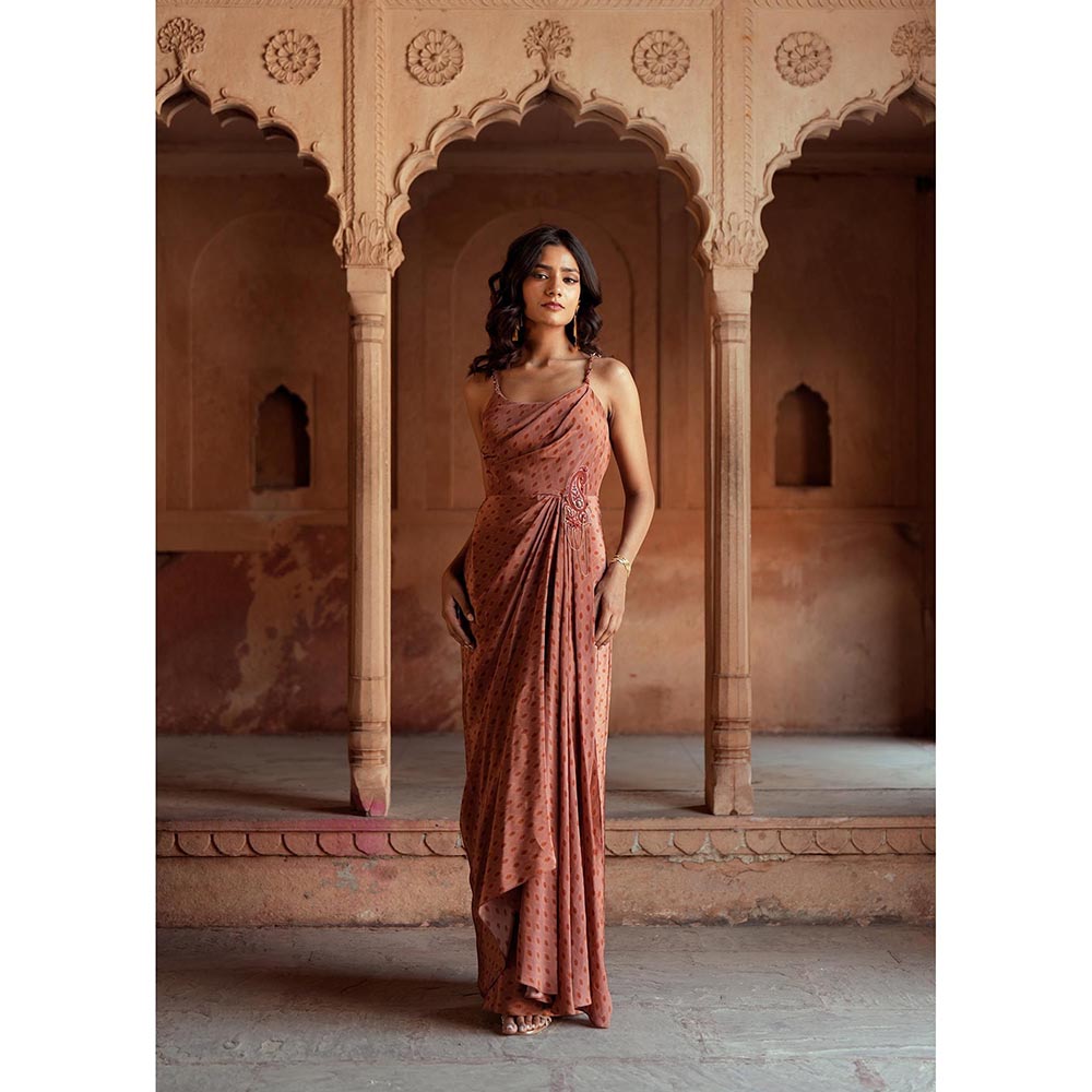 ISHA GUPTA TAYAL Brown Mira Floral Drape Dress