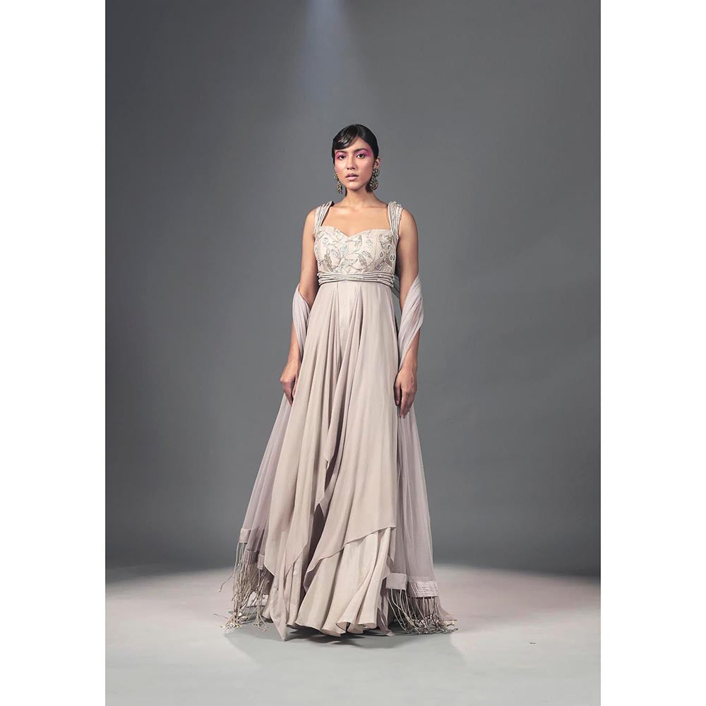 ISHA GUPTA TAYAL Grey Ecru Corded Drape Anarkali Gown and Dupatta