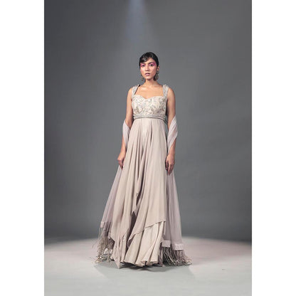 ISHA GUPTA TAYAL Grey Ecru Corded Drape Anarkali Gown and Dupatta