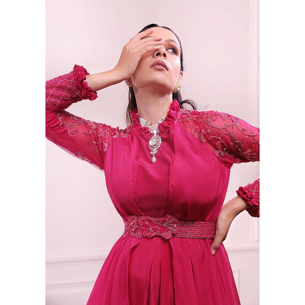 ISHA GUPTA TAYAL Pink Sapphire Embroidered Layered Gown