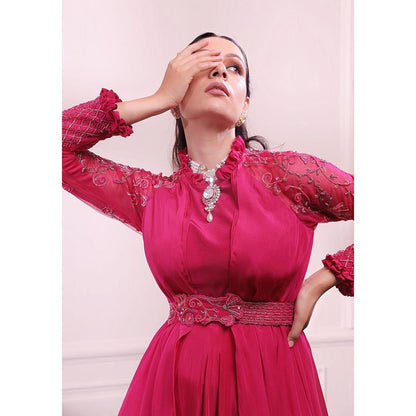 ISHA GUPTA TAYAL Pink Sapphire Embroidered Layered Gown