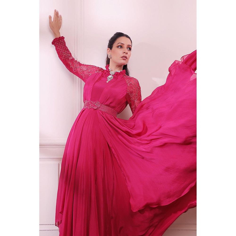 ISHA GUPTA TAYAL Pink Sapphire Embroidered Layered Gown