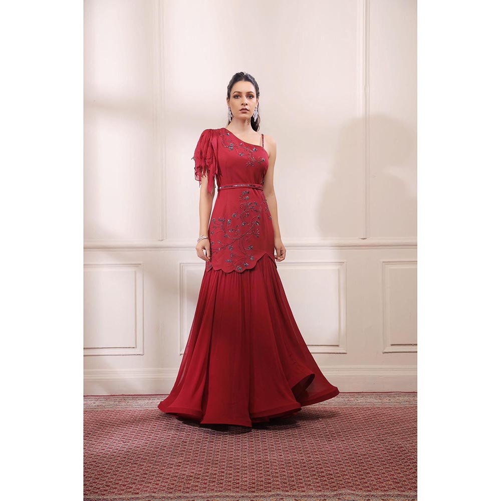 ISHA GUPTA TAYAL Red Fit and Flare Embroidered Gown