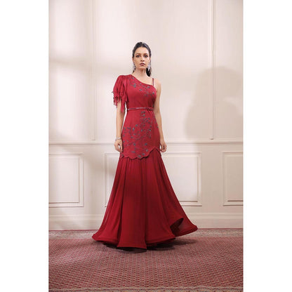 ISHA GUPTA TAYAL Red Fit and Flare Embroidered Gown
