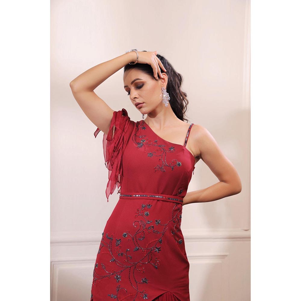 ISHA GUPTA TAYAL Red Fit and Flare Embroidered Gown