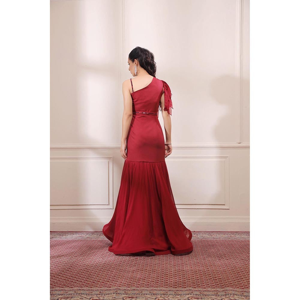 ISHA GUPTA TAYAL Red Fit and Flare Embroidered Gown