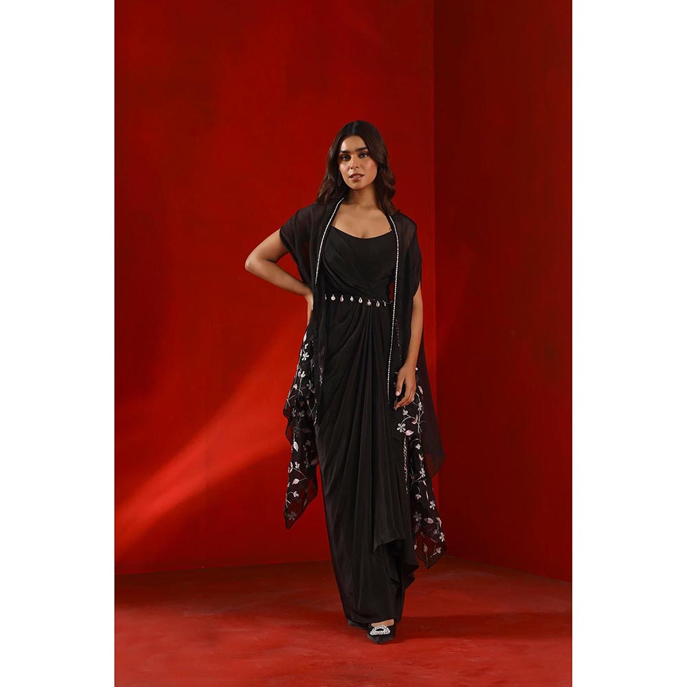 ISHA GUPTA TAYAL Black Black Magnolia Drape Dress and Cape with Belt Set