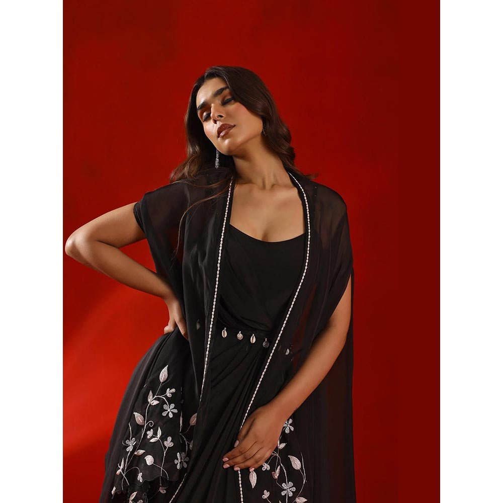 ISHA GUPTA TAYAL Black Black Magnolia Drape Dress and Cape with Belt Set