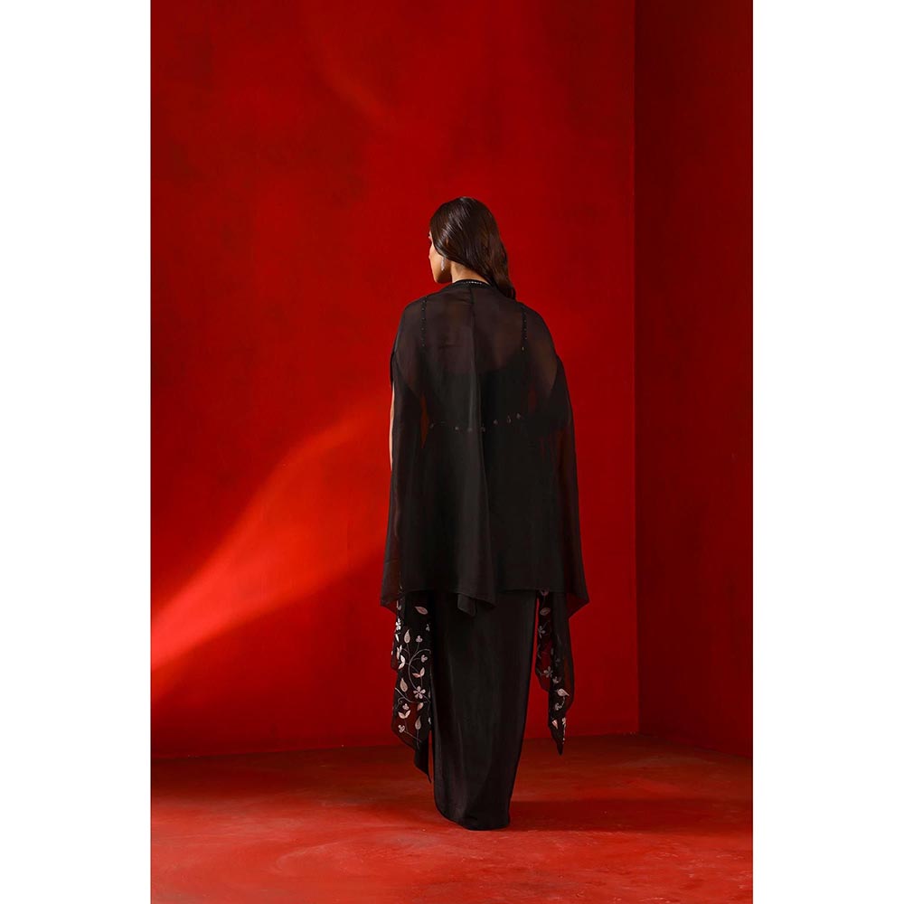 ISHA GUPTA TAYAL Black Black Magnolia Drape Dress and Cape with Belt Set