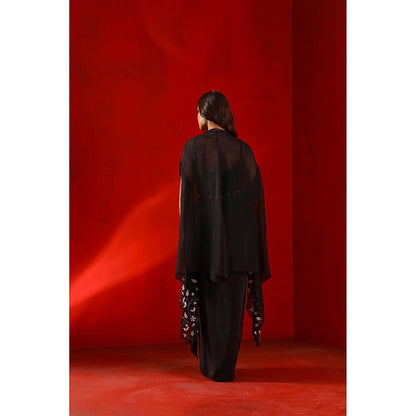 ISHA GUPTA TAYAL Black Black Magnolia Drape Dress and Cape with Belt Set