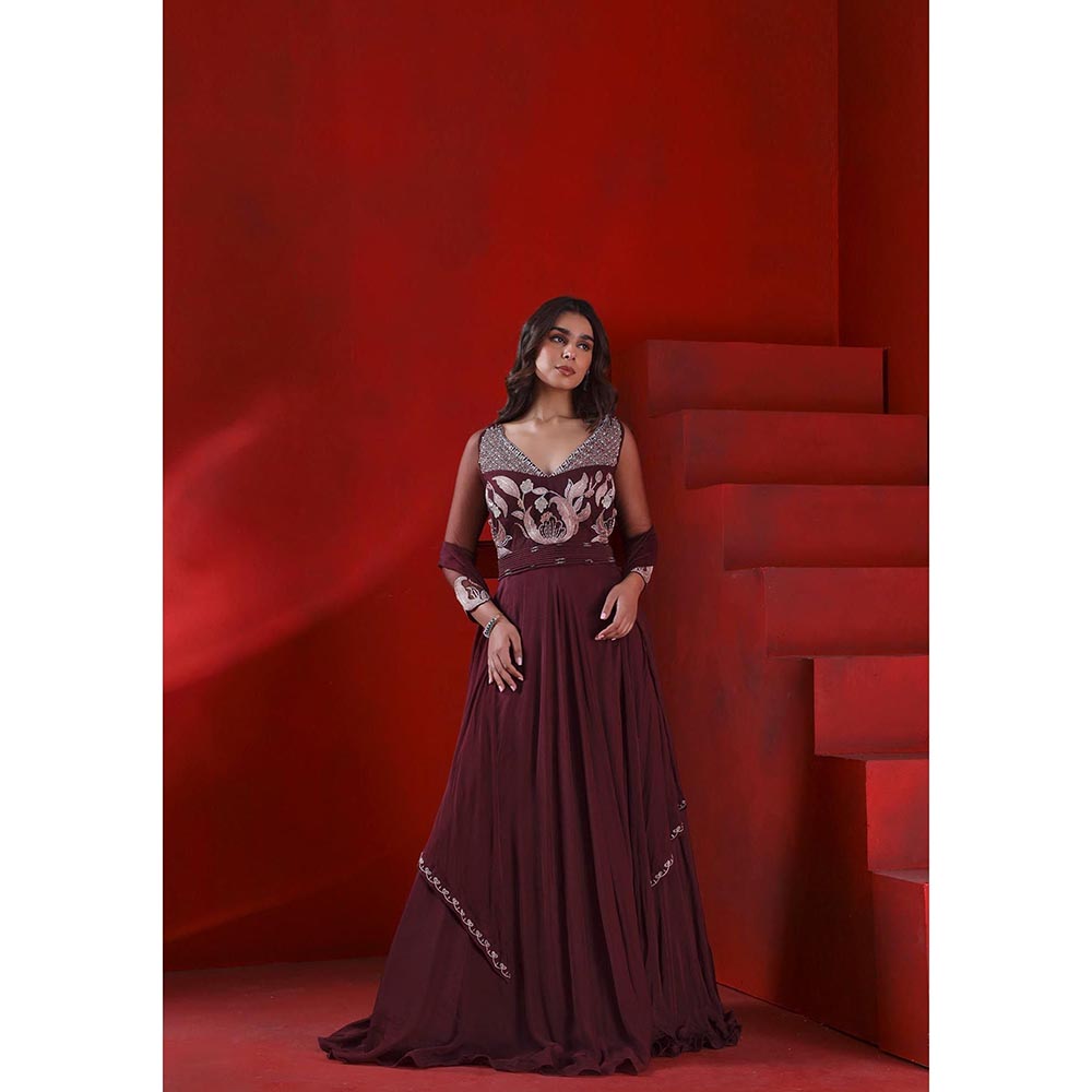 ISHA GUPTA TAYAL Wine Mahagony Wine Embroidered Anarkali and Dupatta Set
