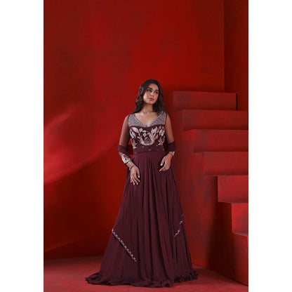 ISHA GUPTA TAYAL Wine Mahagony Wine Embroidered Anarkali and Dupatta Set